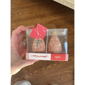 Pink Christmas Tree Salt & Pepper Shakers Ceramic NWT Merry & Bright‎